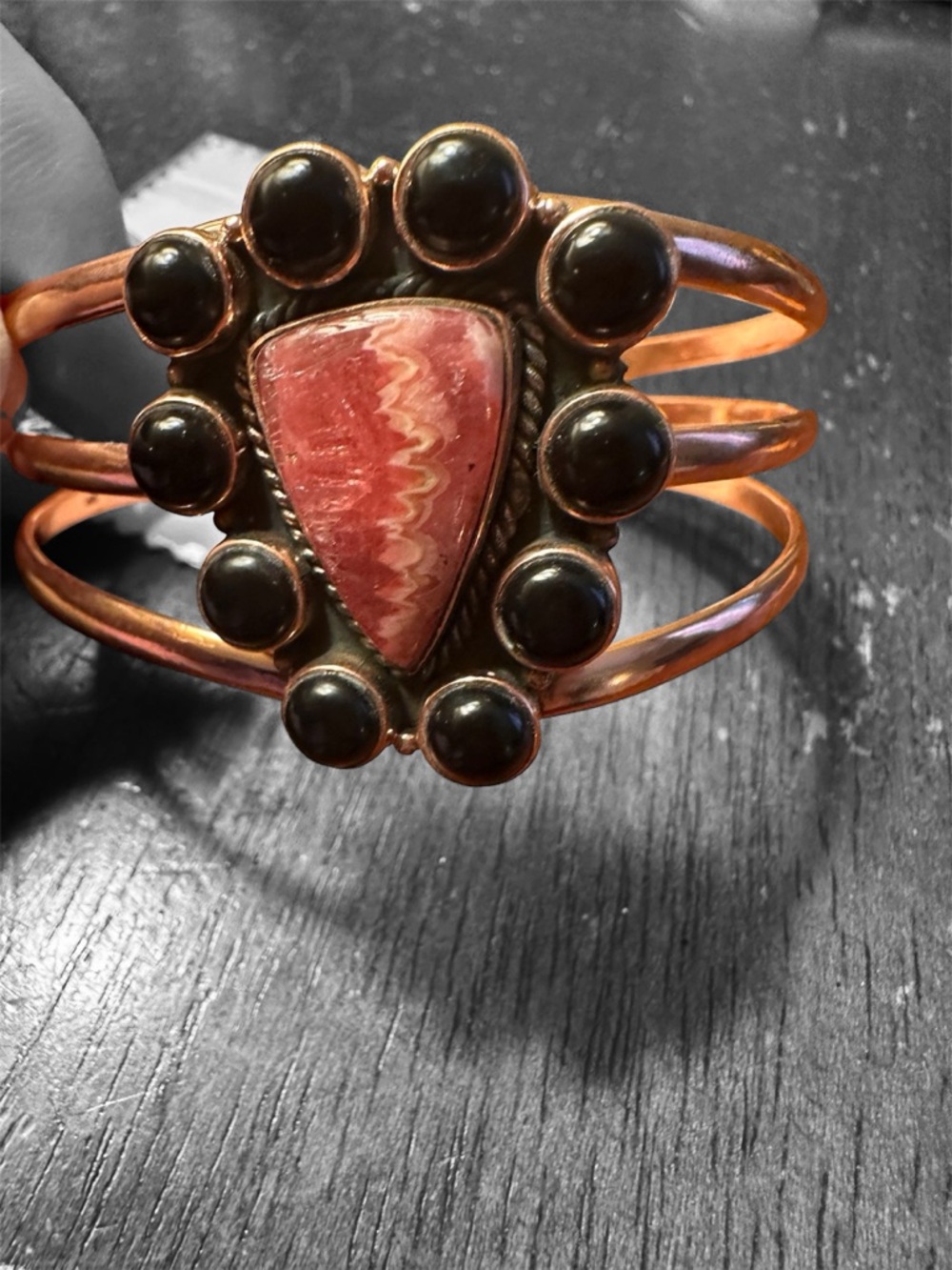 Kingsman Solid Copper Cuff Bracelet with Pink Center Stone and Black Accents